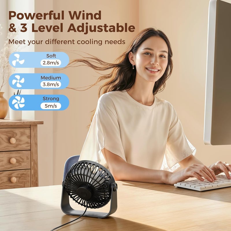 TriPole مروحة مكتب USB محمولة صغيرة قوية 3 سرعات هواء مروحة شخصية مكتبية مع دوران رأس 360° للاستخدام المنزلي والمكتبي والسيارة داخليًا وخارجيًا باللون الأسود، بدون بطارية، 4.5 بوصة - Image 2